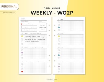 Weekly Planner, WO2P, Printable Planner Inserts, Personal size, Grid Layout, Top priorities, Template PDF