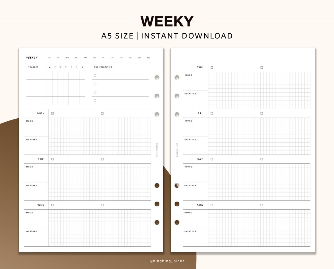 Weekly Undated Planner, A5 Printable Inserts, WO2P, Productivity ...