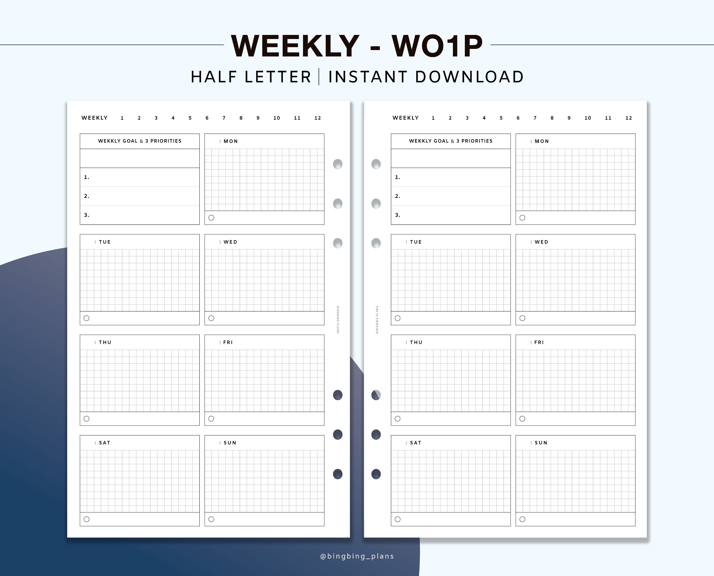 Undated Weekly Planner Printable Inserts, Half Letter, Week on One ...