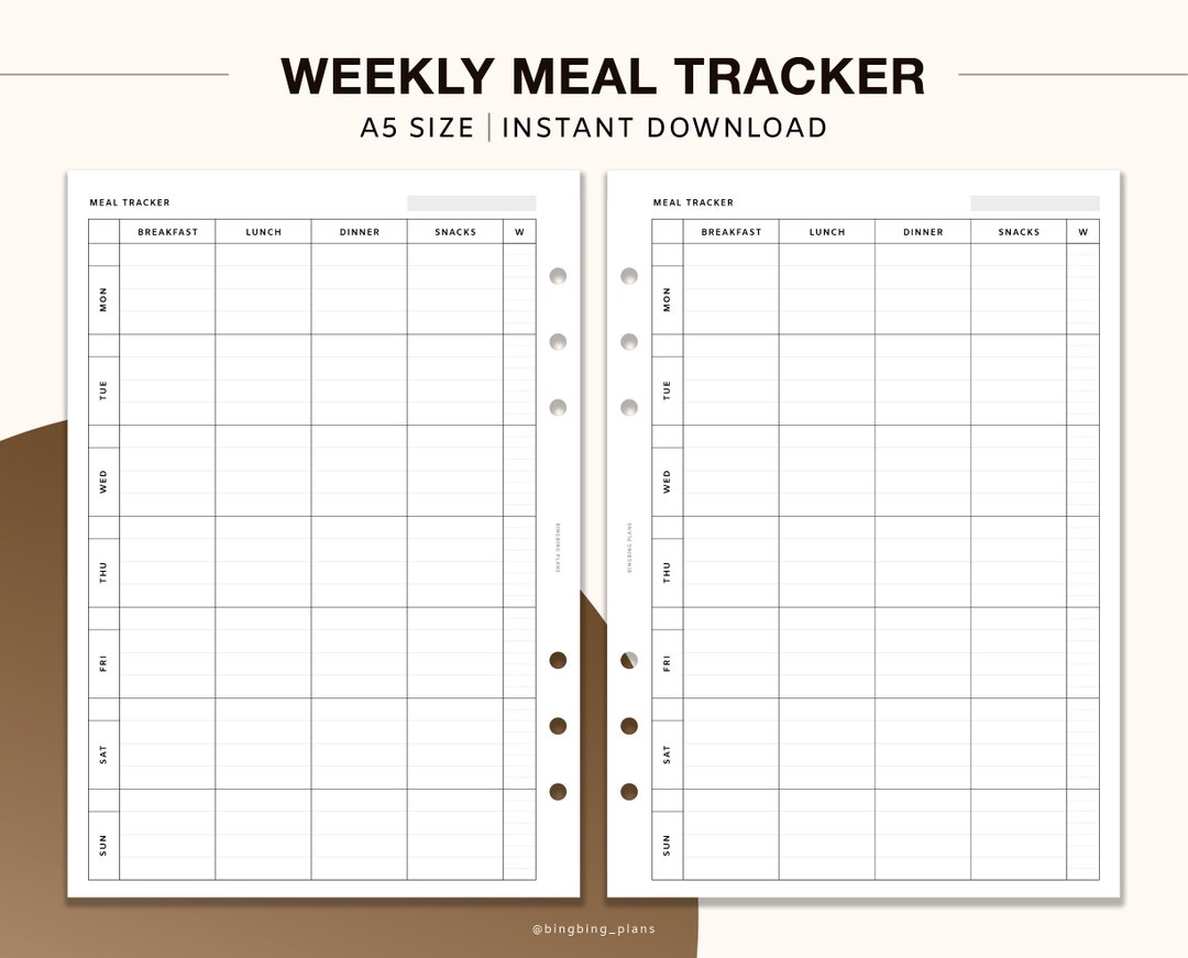 Weekly Meal Planner Printable Inserts A5 Size, Meal Log, Water Intake ...