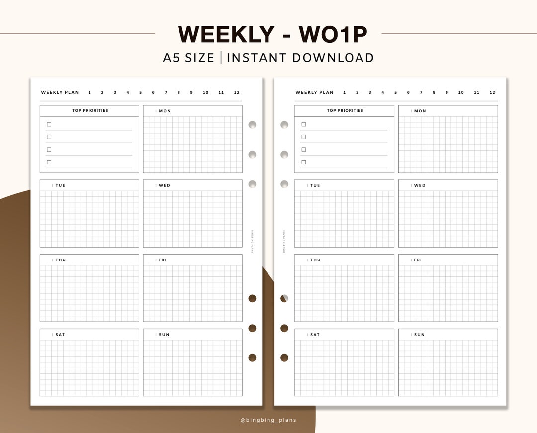 Weekly Undated Planner, A5 Printable Inserts, Week on One Pages ...