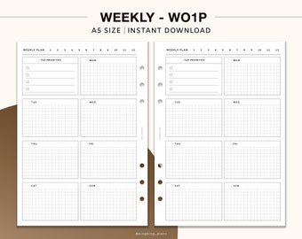 Weekly undated planner, A5 Printable Inserts, Week on one pages, Productivity Planner, Weekly Agenda