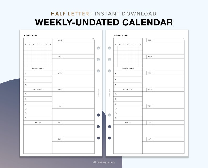 Undated Weekly Planner Printable Inserts Weekly Calendar | Etsy