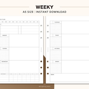 Weekly Undated Planner, A5 Printable Inserts, Week on Two Pages ...