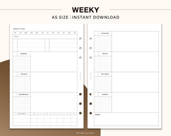 Weekly undated planner, A5 Printable Inserts, Week on two pages, Productivity Planner, Weekly Agenda