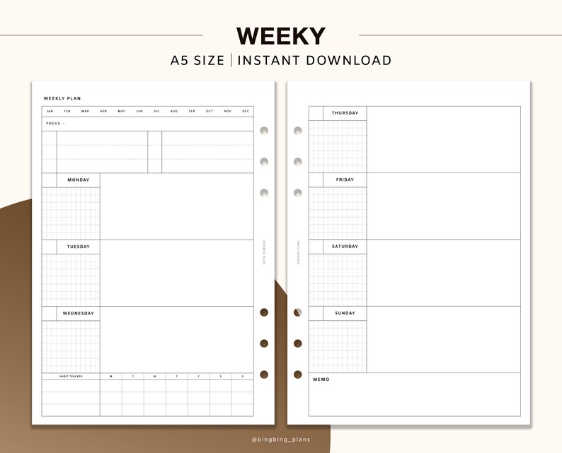 Weekly Undated Planner, A5 Printable Inserts, Week on Two Pages ...