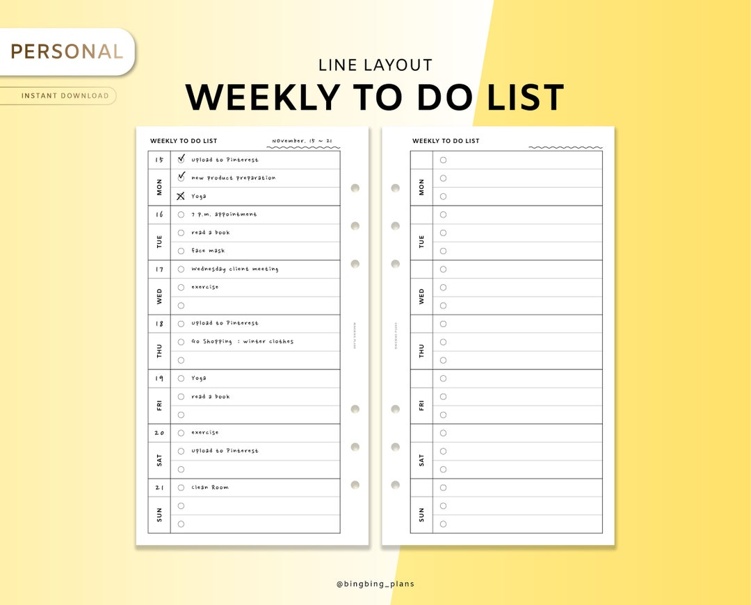 Weekly to Do List Personal Size Printable Insert, Undated, Checklist ...