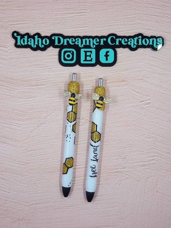 Bee resin pens, honey bee glitter resin pens, honeycomb resin glitter pens, bee office supplies, honeycomb office supplies, honeybee office