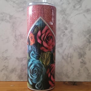 Rose Gold Glitter 20oz Skinny Tumbler | Elegant Floral & Diamond Design Resin Tumbler with Lid and Straw