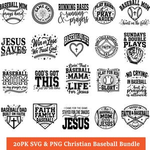 Puede incluir: Una colección de 20 diseños cristianos de béisbol en blanco y negro en formatos SVG y PNG. Los diseños incluyen frases como "Baseball Mom", "Jesus Saves" y "Faith Family Baseball", junto con gráficos de béisbol y cruces.