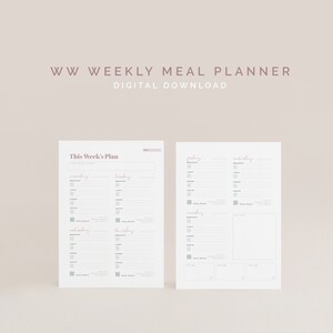 May include: Two-page digital meal planner with a minimalist design. The text "WW Weekly Meal Planner Digital Download" is at the top. The planner includes sections for each day of the week, with space for meals and total points. The text "This Week's Plan" is at the top of the first page.