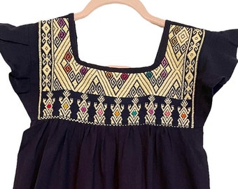 Beautiful Navy Blue Dress Embroidered with designs from Chiapas, Mexico