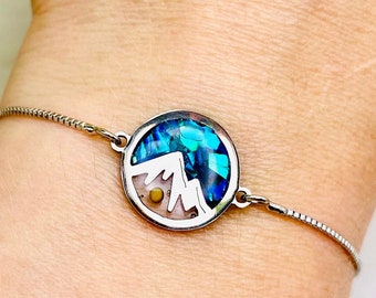 Blaues Paua Abalone Berg Senfkorn Armband, verstellbare Kette, Senfkorn Glaube Schmuck, Geschenke für Schwester in Christus