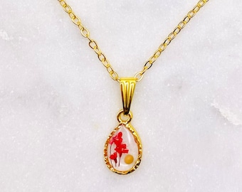 Small Red Flower Mustard Seed Gold Teardrop Necklace, Mustard seed Faith Jewelry, Gifts for sister in Christ