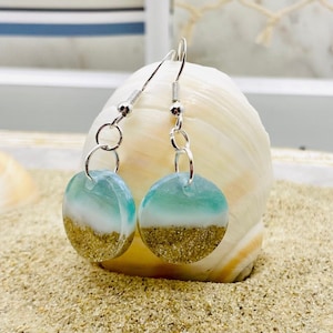 Small Round Sea Foam Green Beach Resin Earrings , Hypoallergenic Sterling Silver Wires, Ocean Wave earrings, Beach and Tropical Gifts