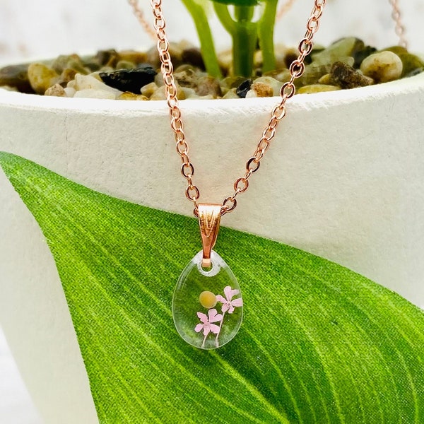 Small Rose Gold Teardrop Pink Flower Mustard Seed Necklace, Mustard seed Faith Jewelry, Gifts for sister in Christ
