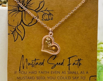Small Rose Gold Heart Flower Mustard Seed Necklace, Mustard seed Faith Jewelry, Gifts for sister in Christ