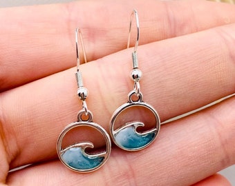 Small Blue Green Wave Resin Earrings, Hypoallergenic Sterling Silver Wires, Minimalist Ocean earrings, Beach and Tropical Gifts