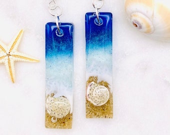 Seashells in the Dark Blue Waves Rectangular Resin Earrings, Hypoallergenic Sterling Silver Wires, Ocean earrings, Beach and Tropical, Gifts