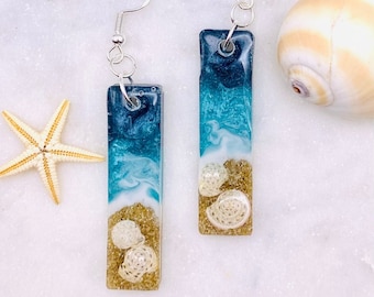 Seashells on the Stormy beach Rectangular Resin Earrings, Hypoallergenic Sterling Silver Wires, Ocean earrings, Beach and Tropical Gifts