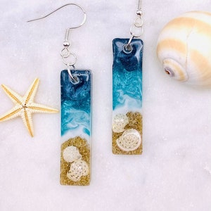 Seashells on the Stormy beach Rectangular Resin Earrings, Hypoallergenic Sterling Silver Wires, Ocean earrings, Beach and Tropical Gifts