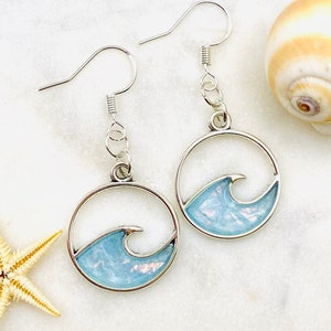 Baby Blue Opal Effect Wave Resin Earrings, Hypoallergenic Sterling Silver Wires, Minimalist Ocean earrings, Beach and Tropical Gifts