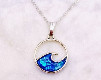 Dark Blue Sparkling Ocean Wave Silver Necklace,  Beach and Nautical Jewelry, Gifts for sister or mom