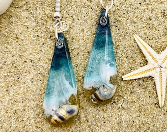 Seashells in the Blue Waves Teardrop Resin Earrings, Hypoallergenic Sterling Silver Wires, Ocean earrings, Beach and Tropical, Gifts
