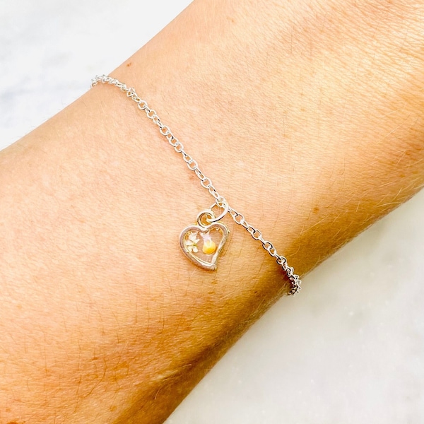 Small Silver Heart Wildflower Mustard Seed Bracelet, Silver Chain, Mustard seed Faith Jewelry, Gifts for sister in Christ