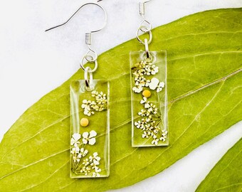 Wildflower Mustard Seed Delicate Rectangle Earrings, Hypoallergenic Sterling Silver Wires, Pressed Flower Resin Jewelry, Wedding Gift