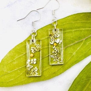 Wildflower Mustard Seed Delicate Rectangle Earrings, Hypoallergenic Sterling Silver Wires, Pressed Flower Resin Jewelry, Wedding Gift