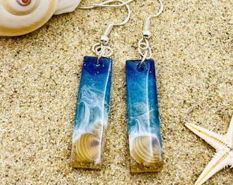 Seashells in the Blue Waves Delicate Rectangular Resin Earrings, Hypoallergenic Sterling Silver, Ocean earrings, Beach and Tropical Gifts
