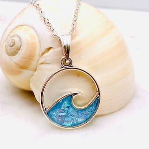 Babyblauwe sprankelende Ocean Wave ronde ketting, hypoallergeen sterlingzilver, nautische sieraden, cadeau voor zus of moeder