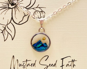 Mountain Mustard Seed Small Silver Necklace, Blue Paua Abalone, Mustard seed Faith Jewelry, Gifts for sister in Christ