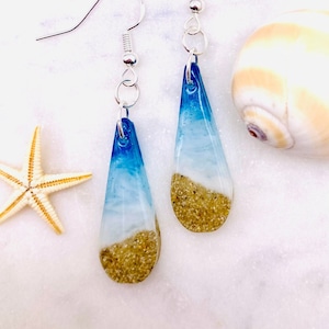 Baby Blue Ocean Teardrop Resin Earrings, Hypoallergenic Sterling Silver Wires, Ocean earrings, Beach and Tropical Gifts for her