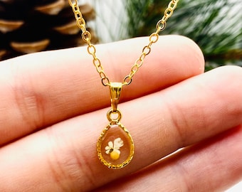 Small Gold Flower Mustard Seed Teardrop Necklace, Mustard seed Faith Jewelry, Gifts for sister in Christ