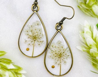 Mustard Seed White wildflower Teardrop Earrings, Antique Bronze Ear Wires, Mustard seed Faith Jewelry, Gifts for her