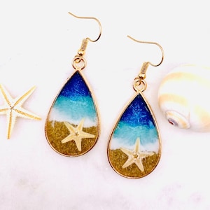 Gold Teardrop Starfish on the Stormy Beach Resin Earrings, Hypoallergenic Gold Ear Wires, Blue Ocean earrings, Beach and Tropical Gifts