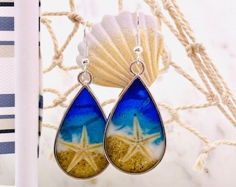 Silver Teardrop Starfish Beach Resin Earrings, Sterling Silver Hypoallergenic Wires, blue green ocean earrings, Beach and Tropical Gifts