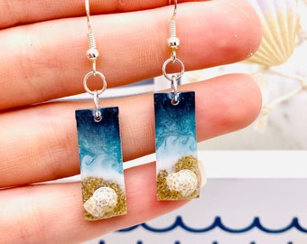 Seashells on the beach Small Rectangular Resin Earrings, Hypoallergenic Sterling Silver Wires, Ocean earrings, Tropical Gifts for her