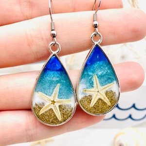 Starfish on the Beach Teardrop Resin Earrings, Hypoallergenic Stainless Steel Wires, Blue Ocean earrings, Beach and Tropical Gifts