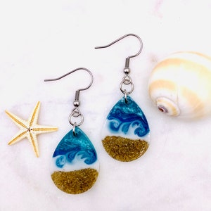 Teal Blue Ocean Waves Teardrop Resin Earrings Hypoallergenic - Etsy