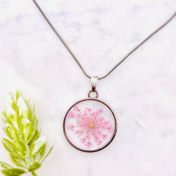 Pastel Pink Wildflower Mustard Seed Round Necklace, Hypoallergenic Sterling Silver, Mustard seed Faith Jewelry, Gifts for sister in Christ