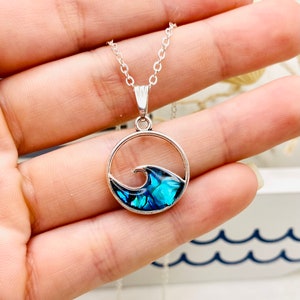 Blue Paua Abalone Ocean Wave Silver Necklace, Beach and Tropical Gifts for Her