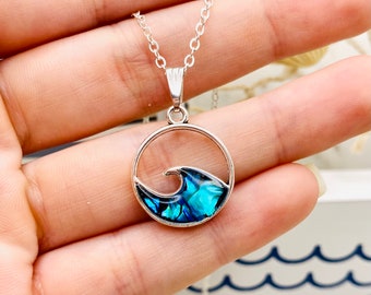 Blaue Paua Abalone Ocean Wave Silber Halskette, Strand und Tropisch Geschenke für Sie