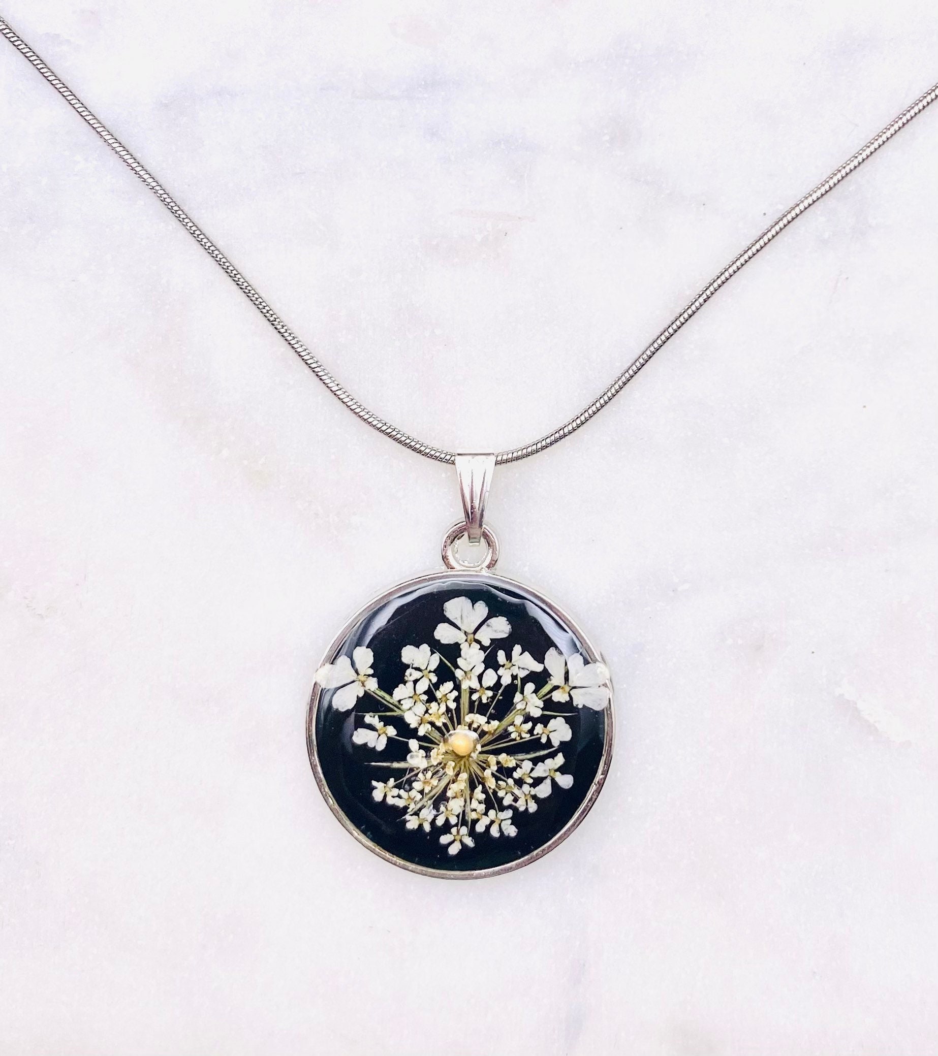 Black and White Wildflower Mustard Seed Round Necklace, Hypoallergenic Sterling Silver, Faith Jewelry, Gifts for sister in Christ