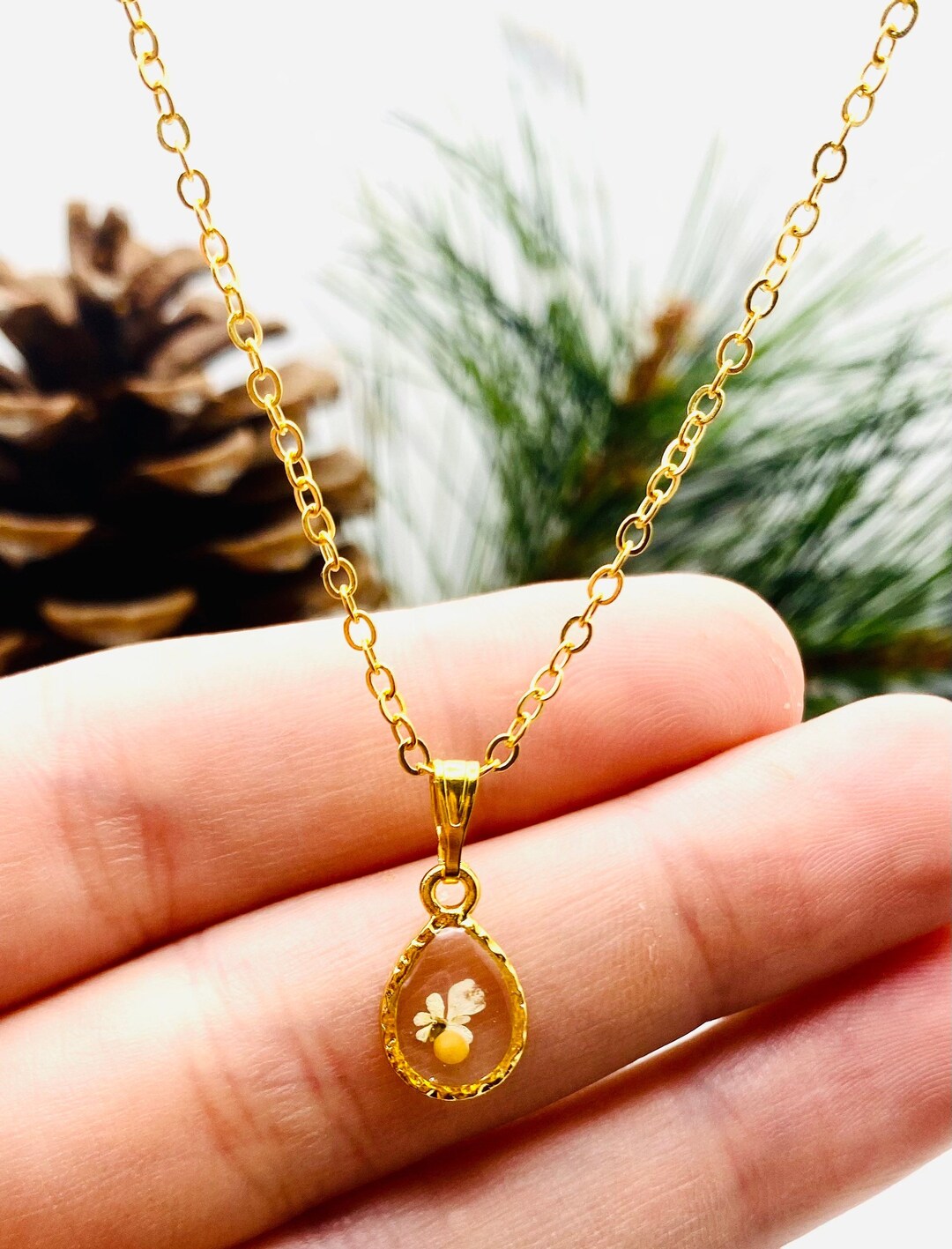 Small Gold Flower Mustard Seed Teardrop Necklace, Mustard Seed Faith
