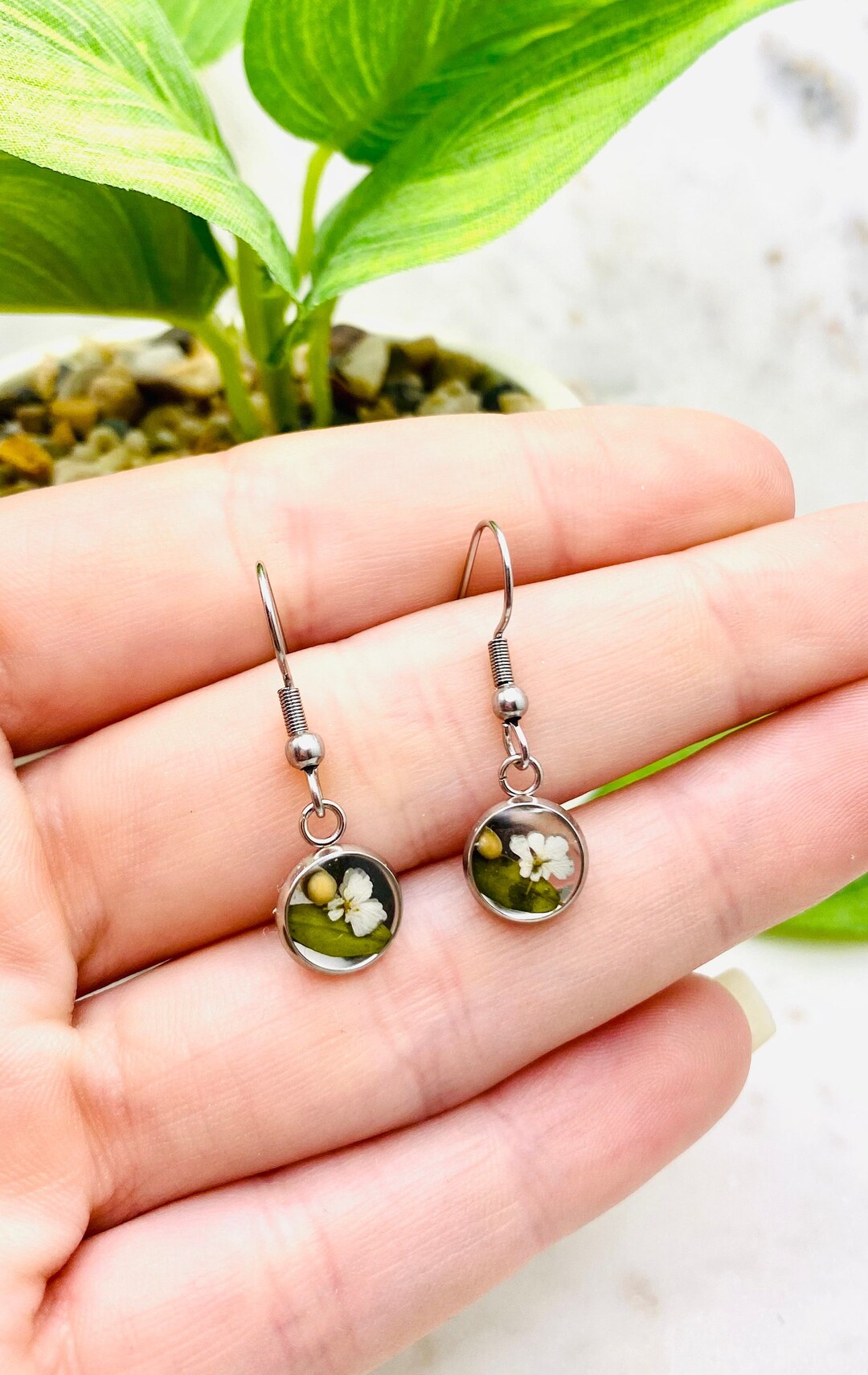 Tiny Mustard Seed White Flower Round Earrings, Hypoallergenic Stainless