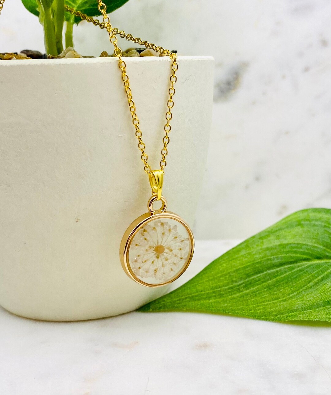 Round Gold Flower Mustard Seed Pendant Necklace, Mustard Seed Faith