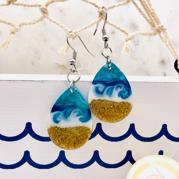 Teal Blue Ocean waves Teardrop Resin Earrings, Hypoallergenic Stainless Steel Wires, Ocean earrings, Beach and Tropical, Gifts for her